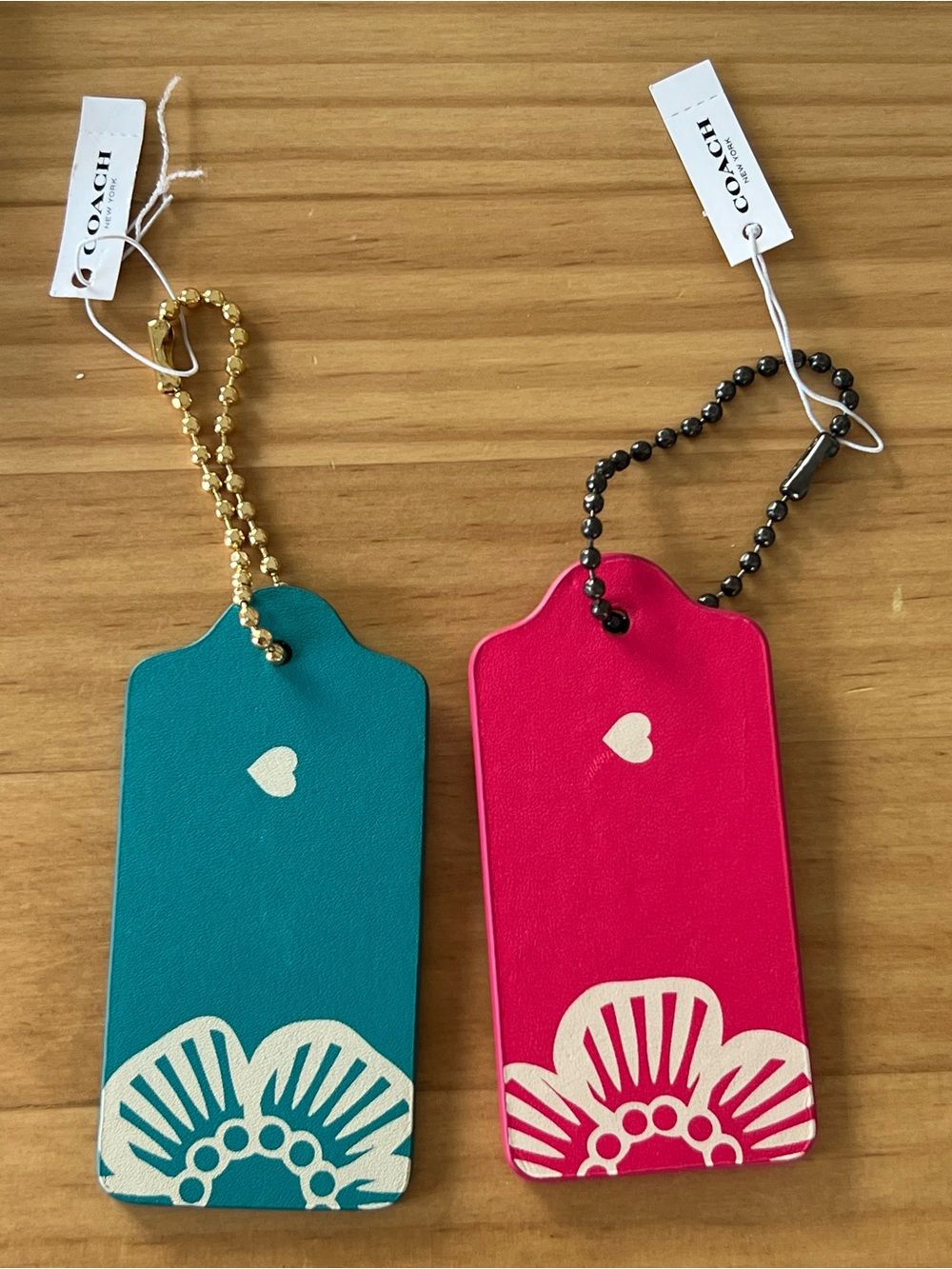 NWT Coach Pink Teal Floral Heart Tea Rose Leather Hangtag Set Bag Charm Limited